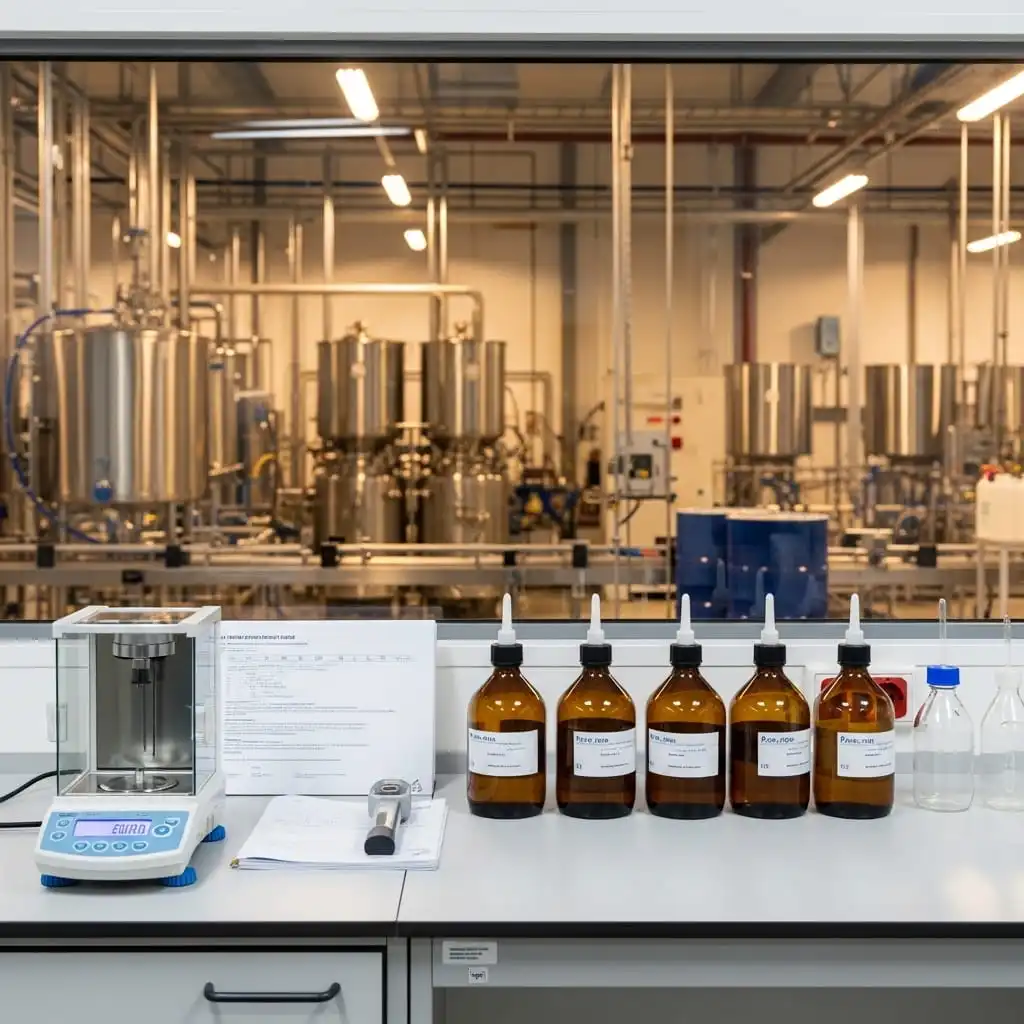 Chemical quality control laboratory with reagent bottles and analytical equipment overlooking an industrial blending and filling production floor
