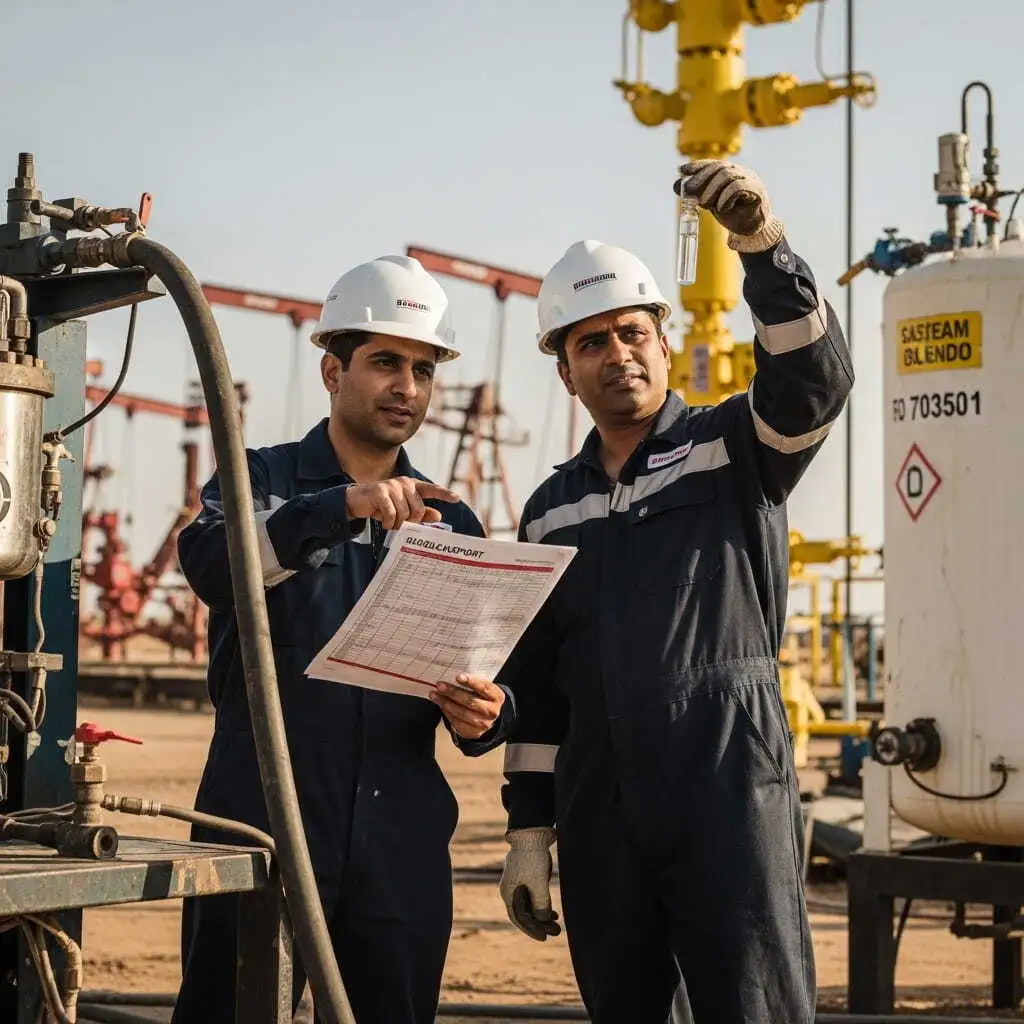 Seeds-Energy technical team reviewing oilfield chemical data in a professional field operations environment