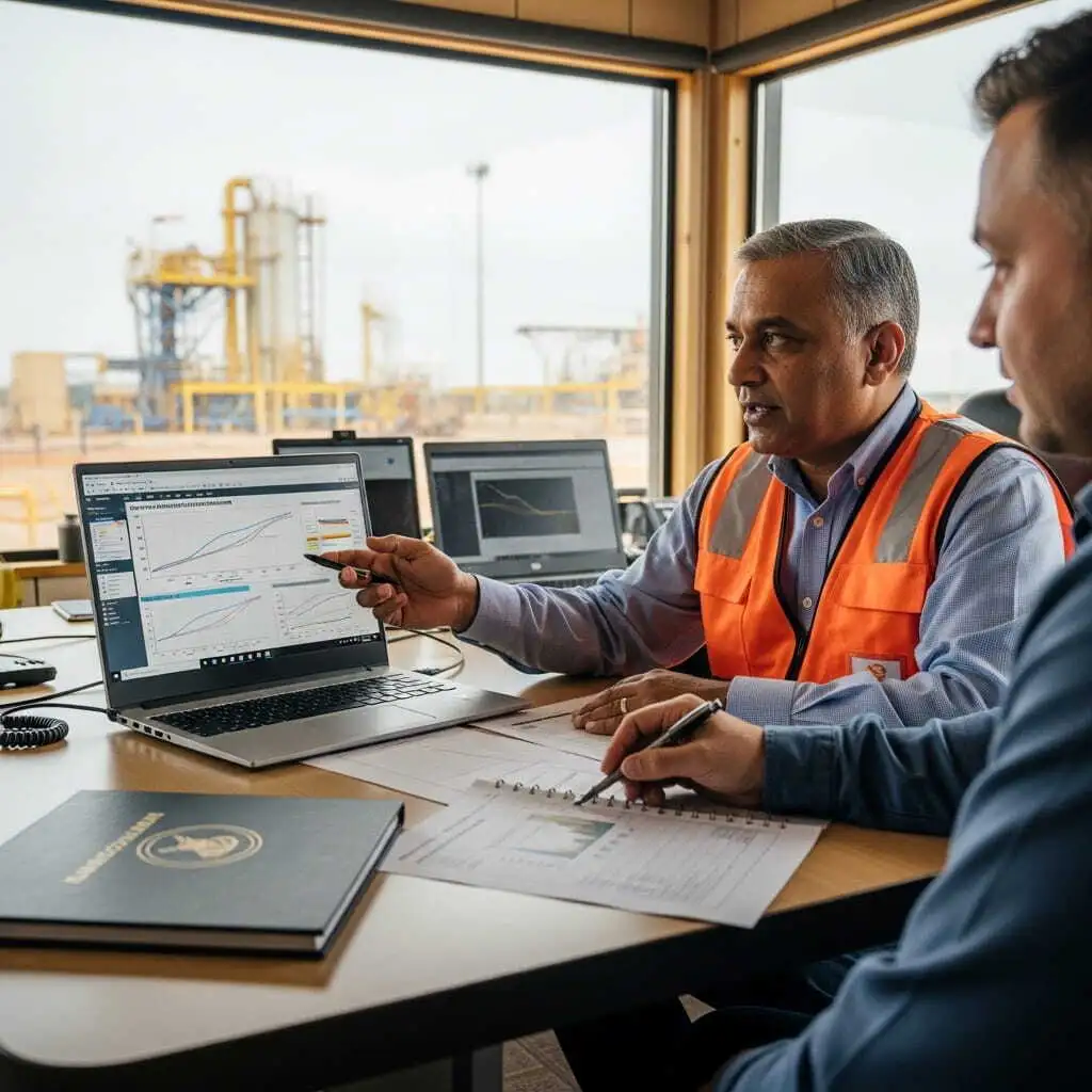 Technical advisor consulting with an operator on chemical treatment program performance data