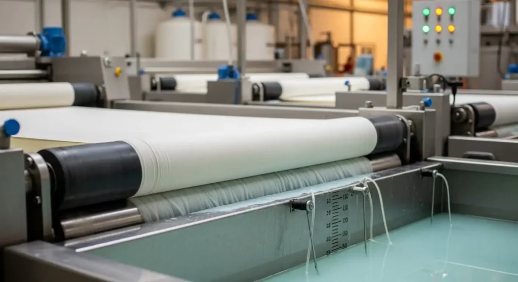 Open-width fabric passing through a continuous padding mangle in a textile wet processing facility with chemical treatment liquor and instrumentation visible