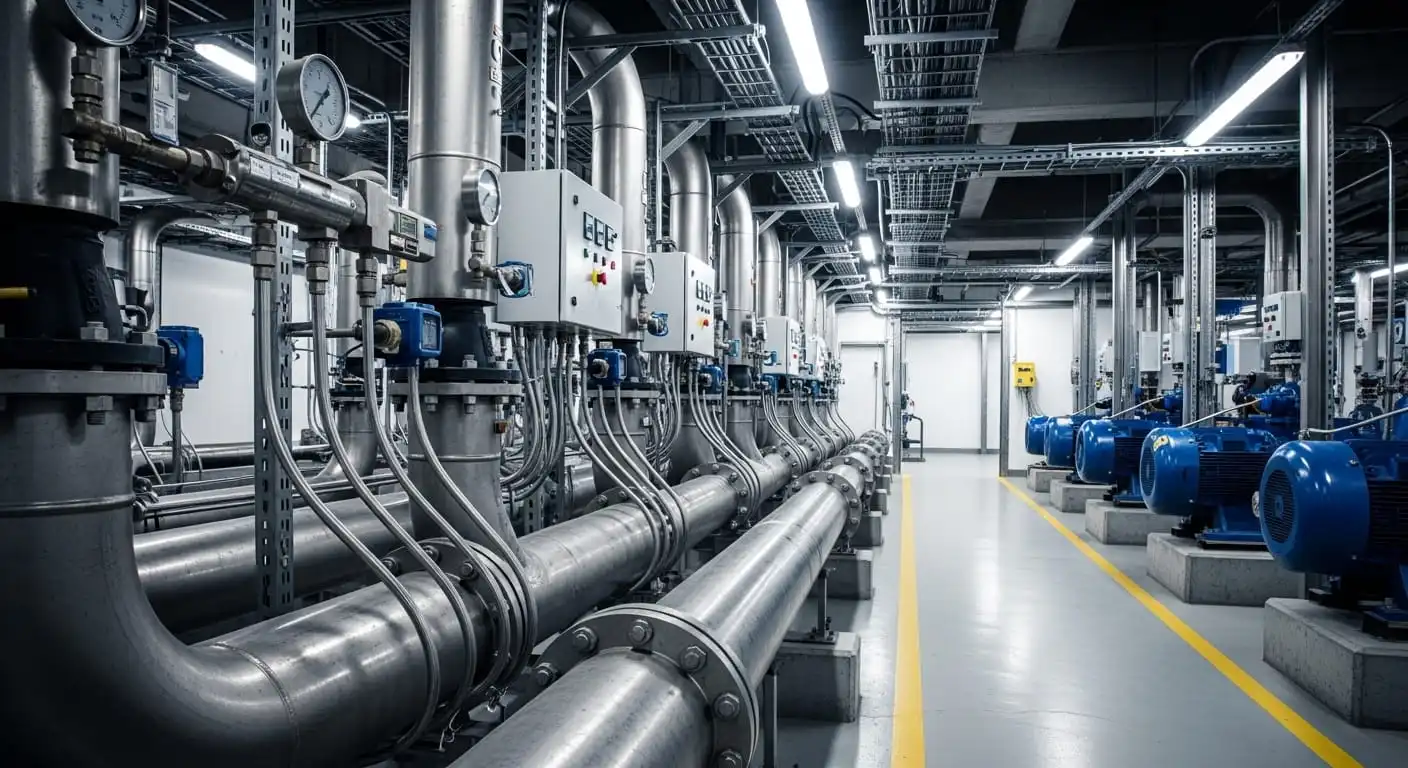Interior pipeline gallery of an industrial water treatment plant showing instrumentation, valves, and pump room in the background